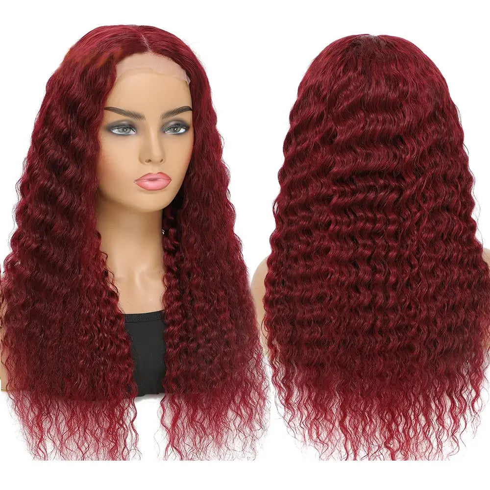 13x4 Transparent Deep Wave Lace Frontal Wig Burgundy