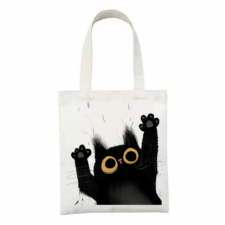 Women Canvas Bag Funny Black Cat Print Female Reuseable Shopping Totebags Girls Students School Bookbags