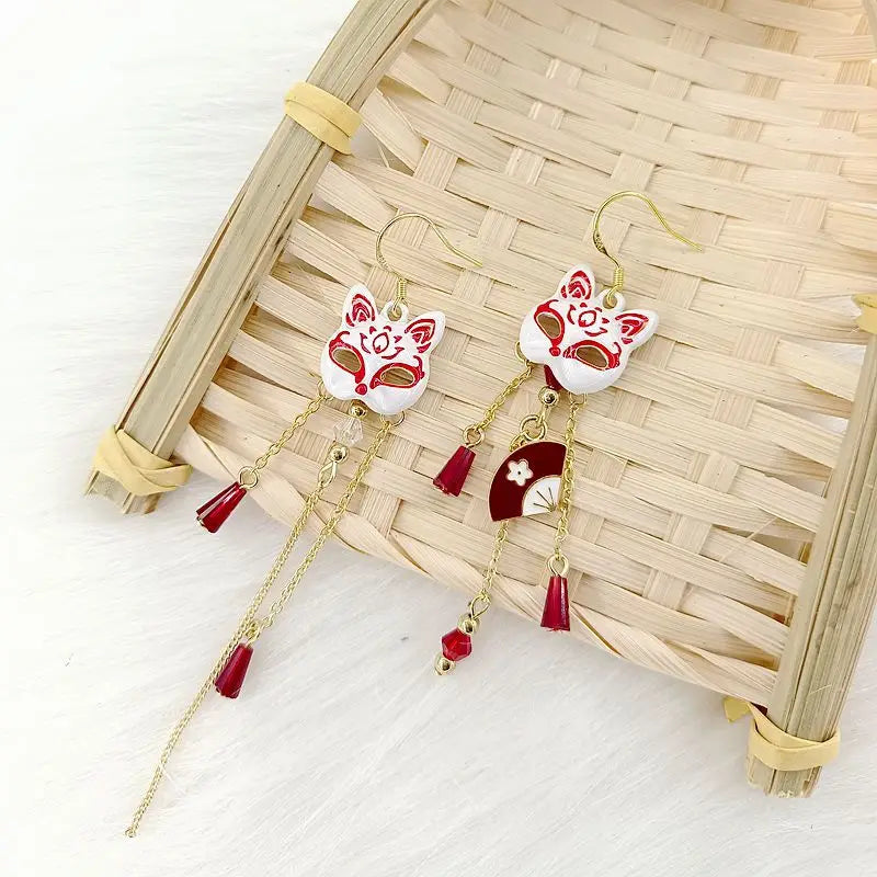 Vintage Fox Mask Earrings for Women Japanese Style