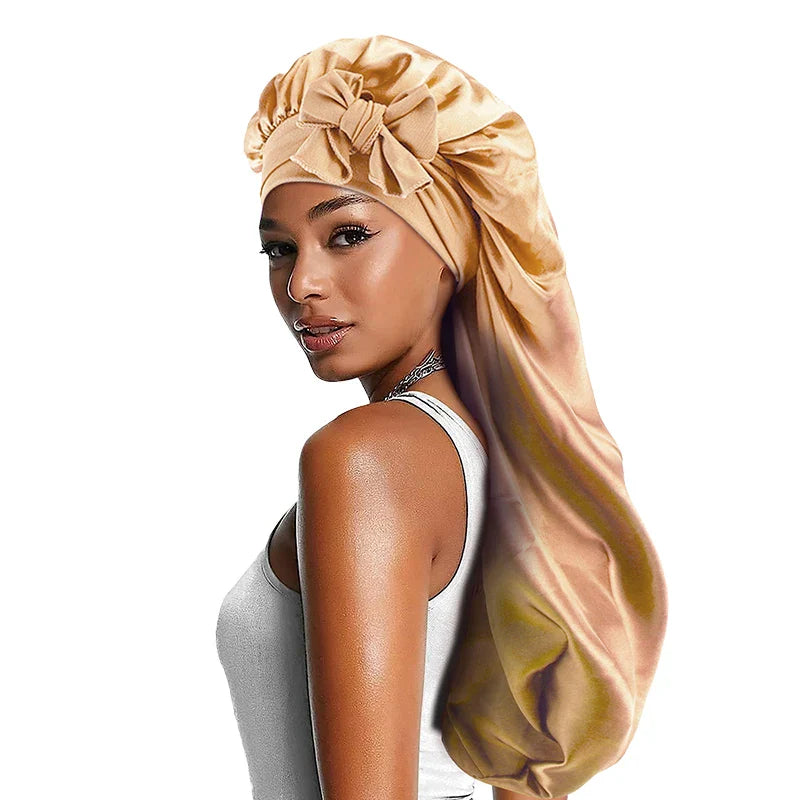 Women Satin Bonnets Adjustable Long Barrel Nightcap Solid