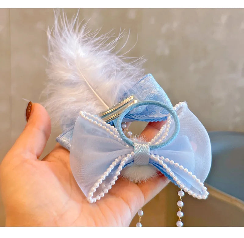 2PCS New Princess Lace Blue Bow Girls Kids