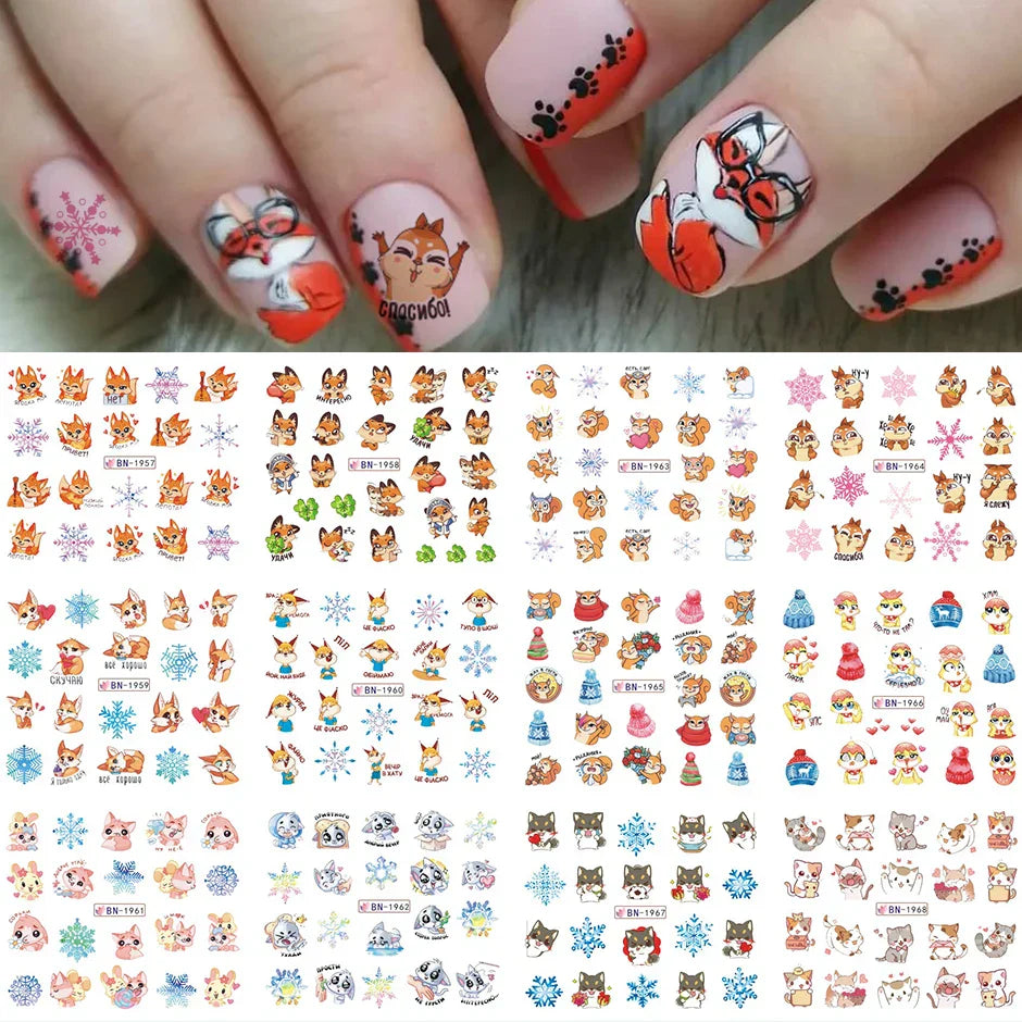 12pcs Hedgehog Animal Nail Water Stickers Pine Cones