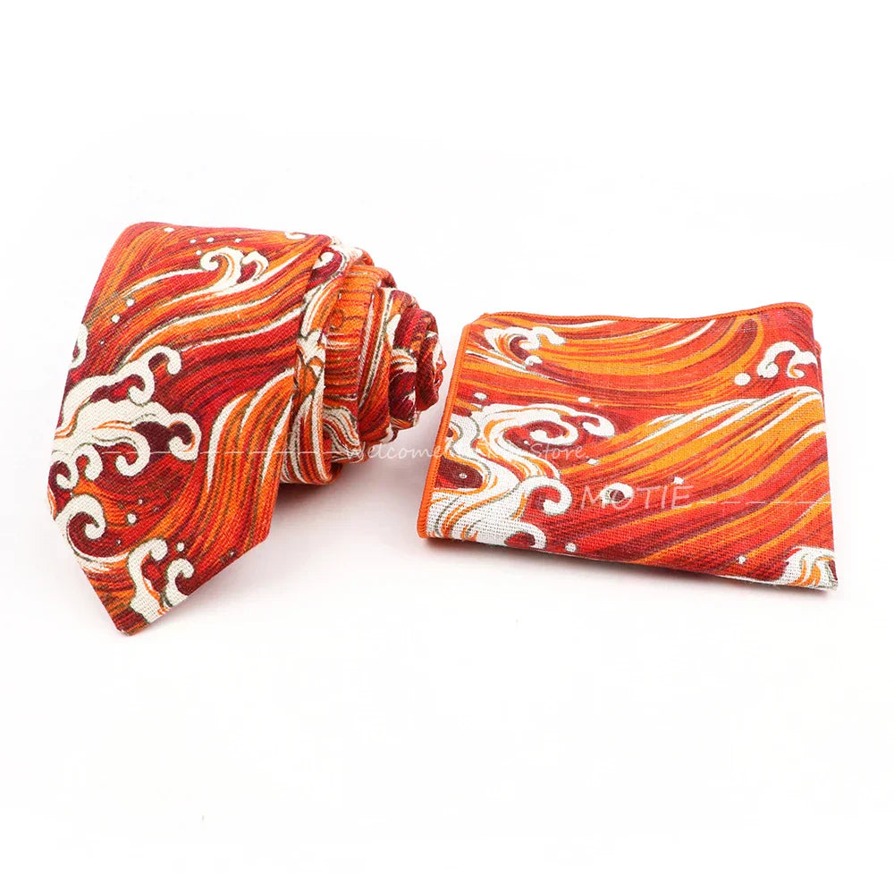 Men Linen Plant Ainmal Ties Set Pocket Handkerchief