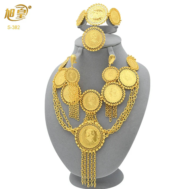 African 24K Gold Color Coins Necklace Bracelet Sets