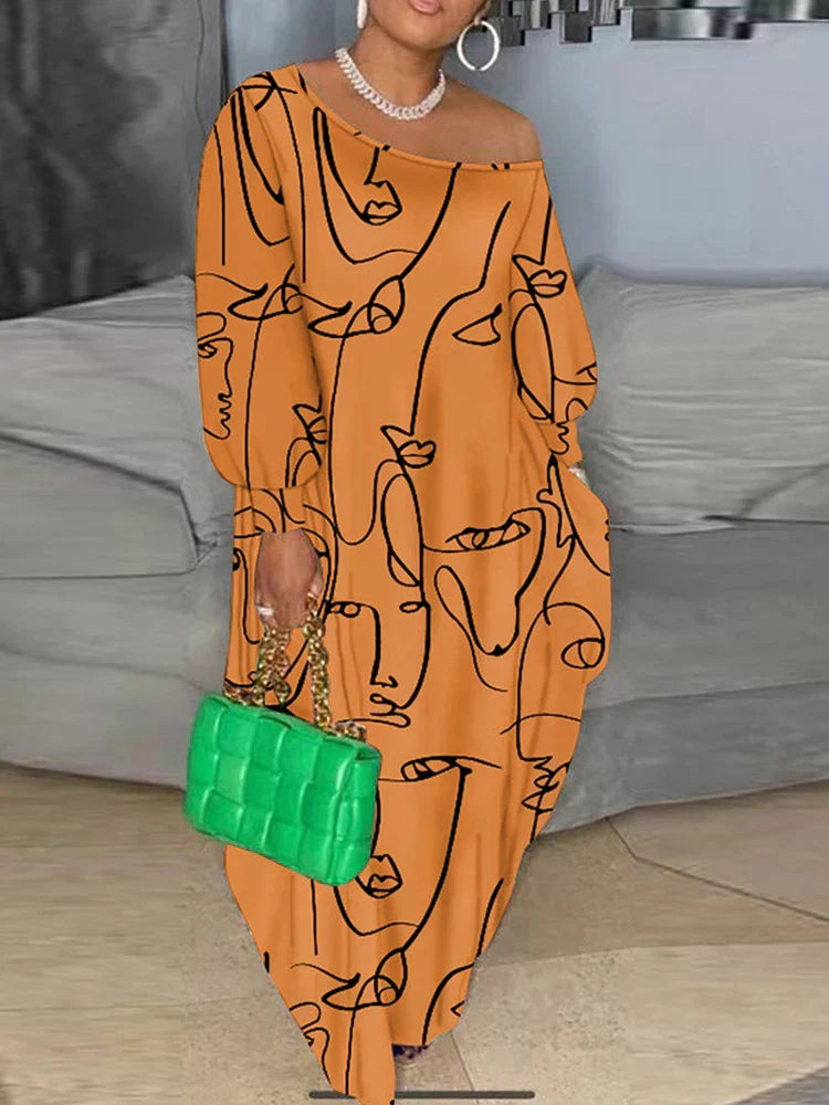 Plus Size Graphic Print One Off Shoulder Maxi