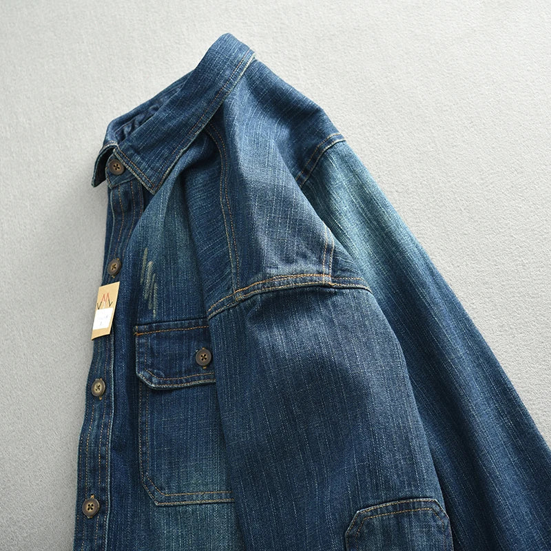 Heavyweight Washed Denim Men's Shirt Retro American Casual