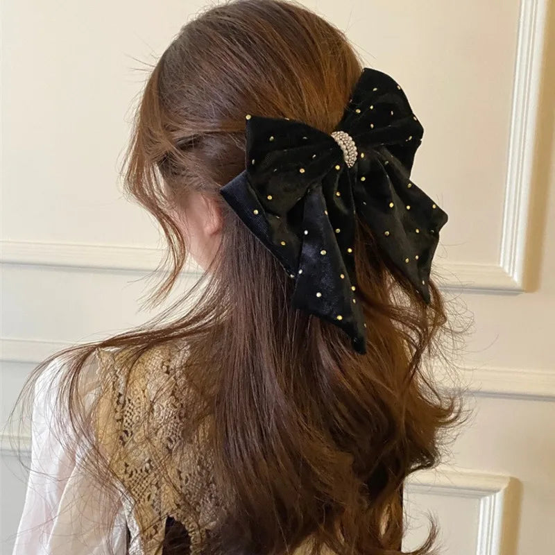 New Retro Flocking Bowknot Hair Clips Trendy Black