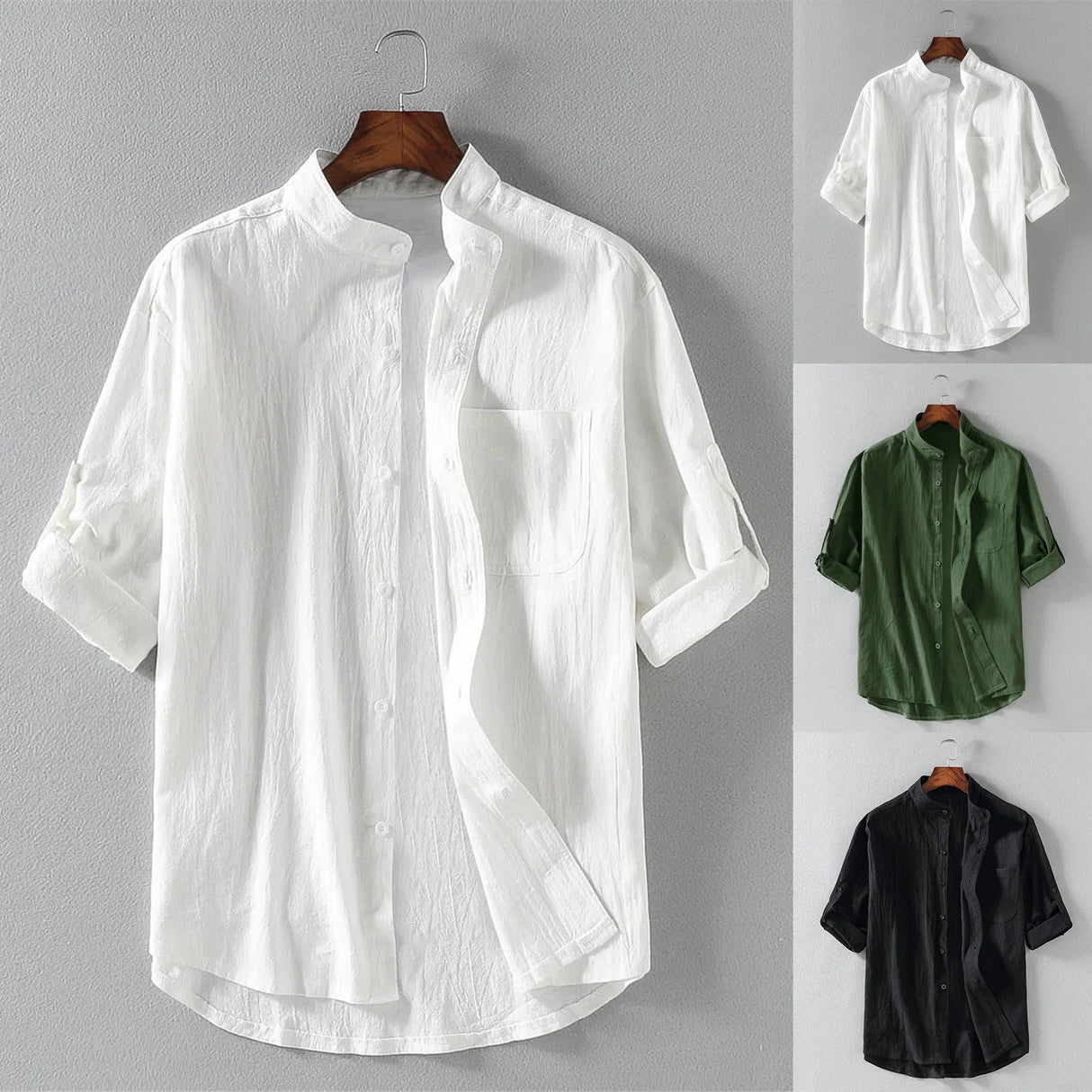 Men's Summer Shirts Stand-up Collar Five-point Mid-sleeve Shirt