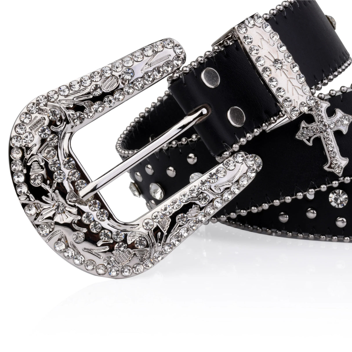 Black Cross Rivet Belt Engraved Buckle Rhinestone Decor