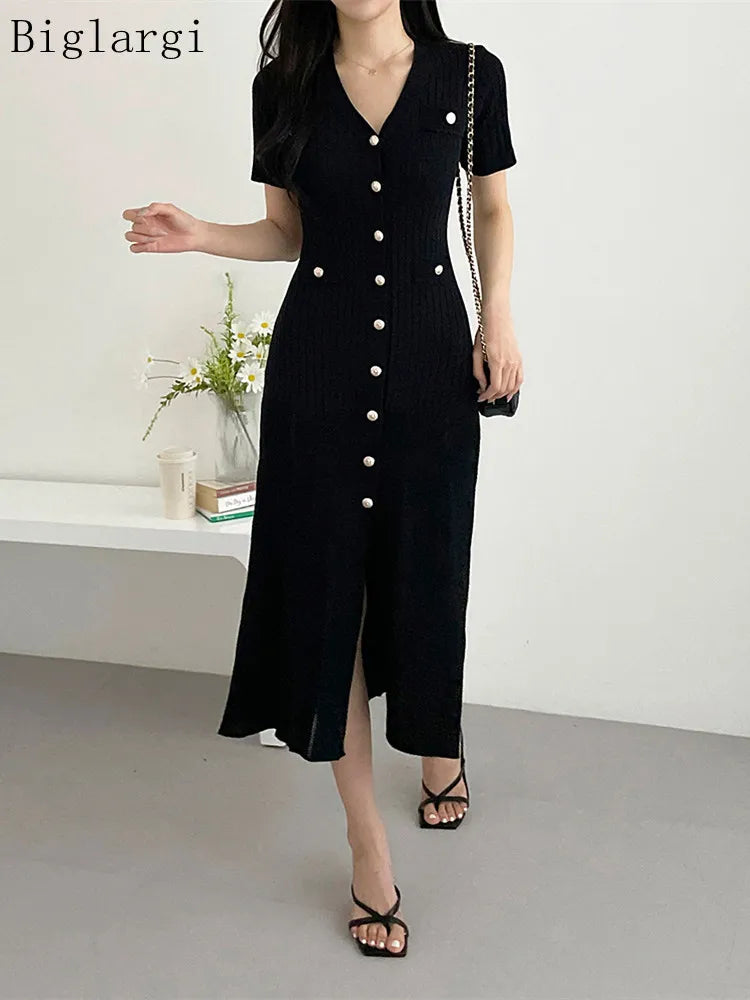 Summer Midi Dress Women Knitted Black Bodycon Korea