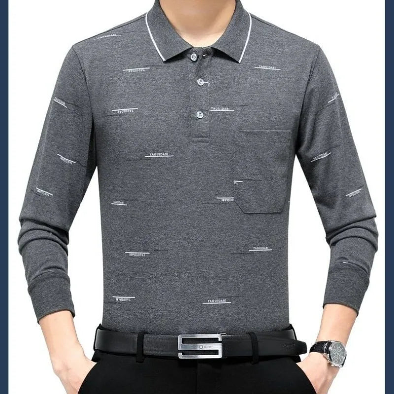 Men's Spring Autumn Letter Printed Solid Turn-down Collar
