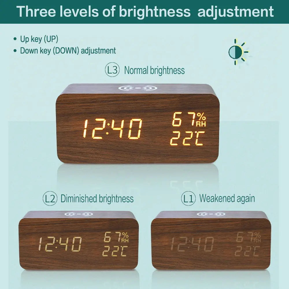 Wood Grain Digital Alarm Clock With Wireless Charging