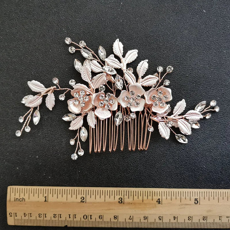 SLBRIDAL Handmade Golden Austrian Crystals Rhinestones Flower Leaf