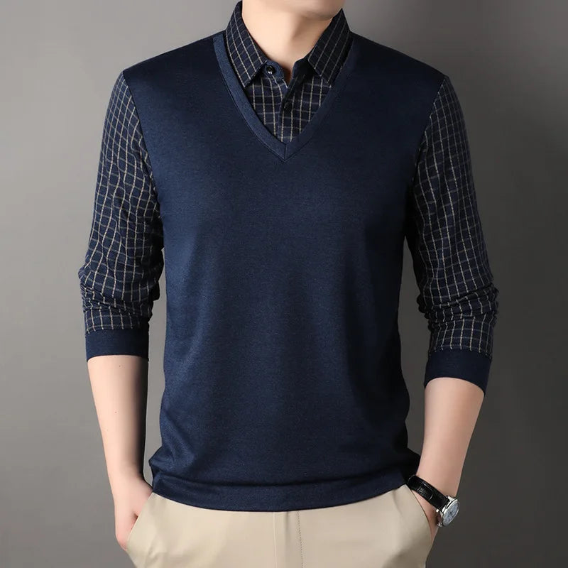 Spring and Autumn Men's Pullover Lapel Fake Two