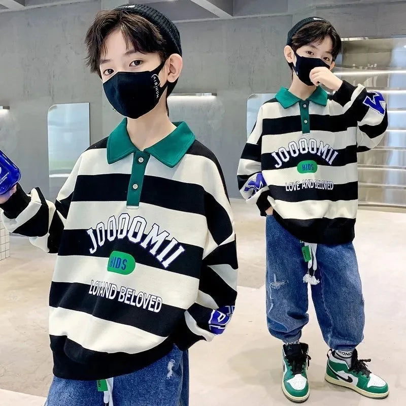 Spring Autumn Boys Cotton Contrast Striped Alphabet Turtleneck
