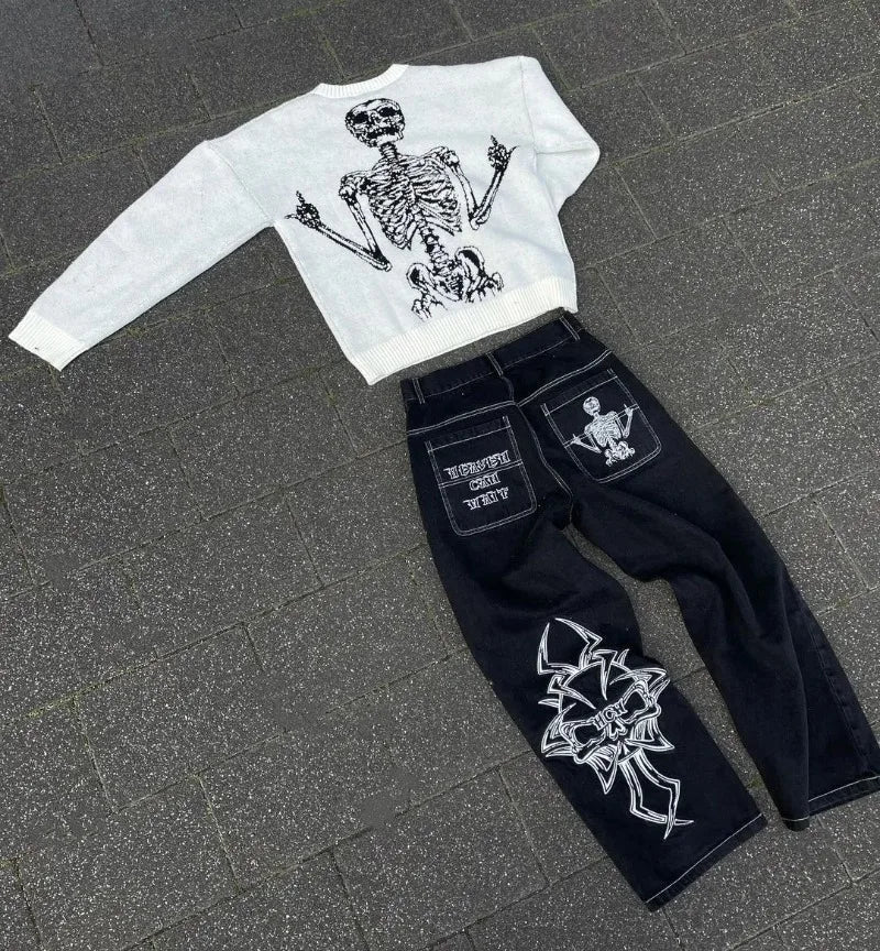 Harajuku Y2K men jeans vintage goth Skull Embroidery