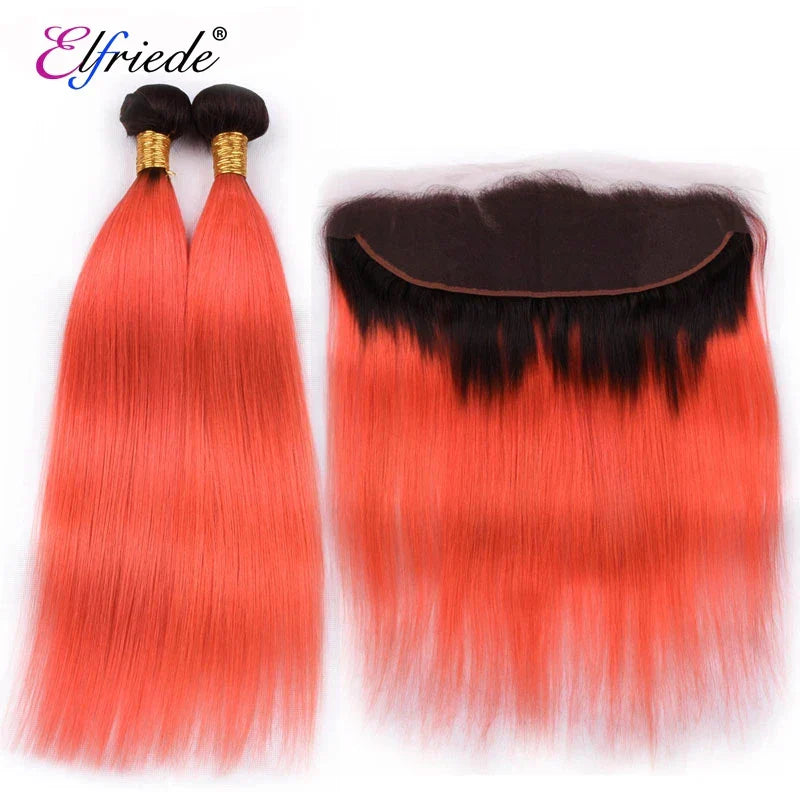 Elfriede 1BOrange Red Straight Ombre Colored Hair Bundles