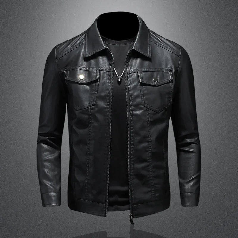 Men's Motorcycle Leather Jacket Large Size Pocket Black