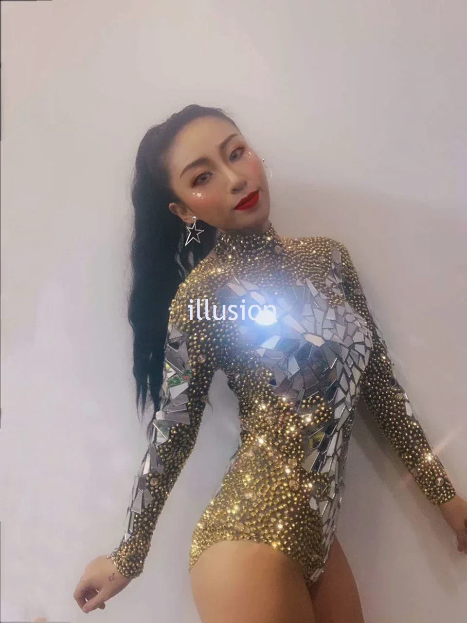 Shining Gold Rhinestones Mirrors Bodysuit Women's Birthday Celebrate