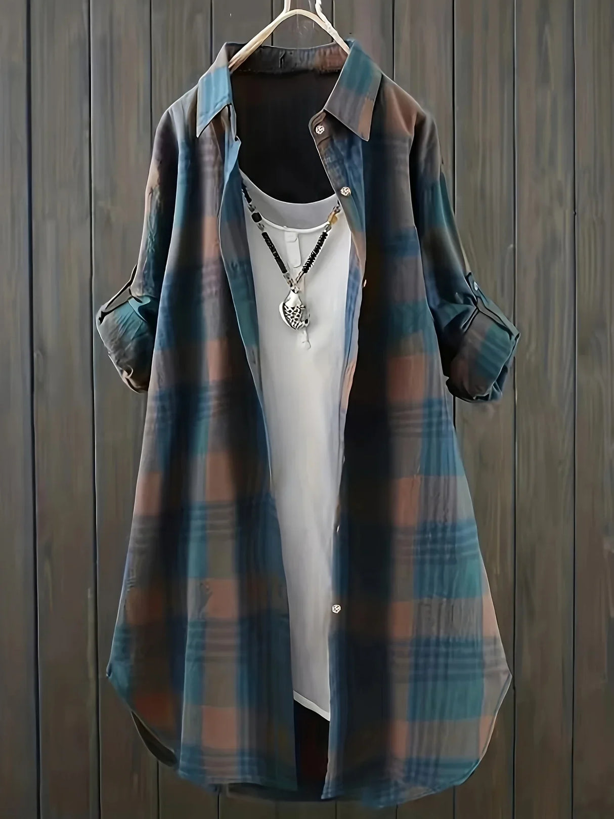 Plus Size Womens Casual Plaid Button Print Long