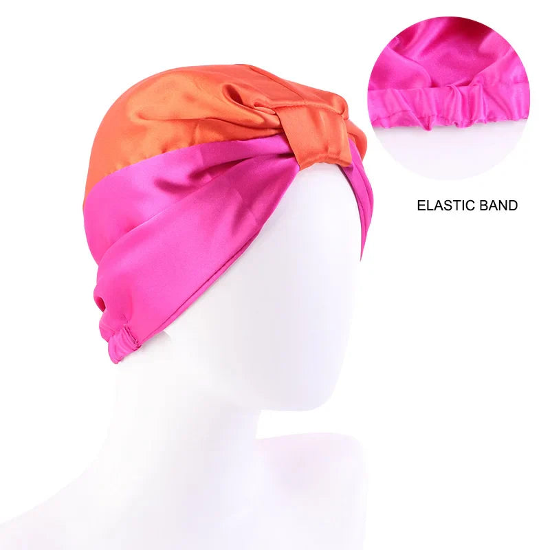Women Stretch Silk Imitation Nightcap Fashion Color Contrast