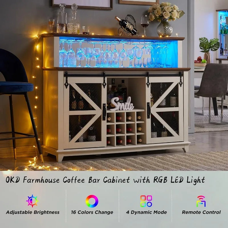 OKD Farmhouse Coffee Bar Cabinet with LED Lights,