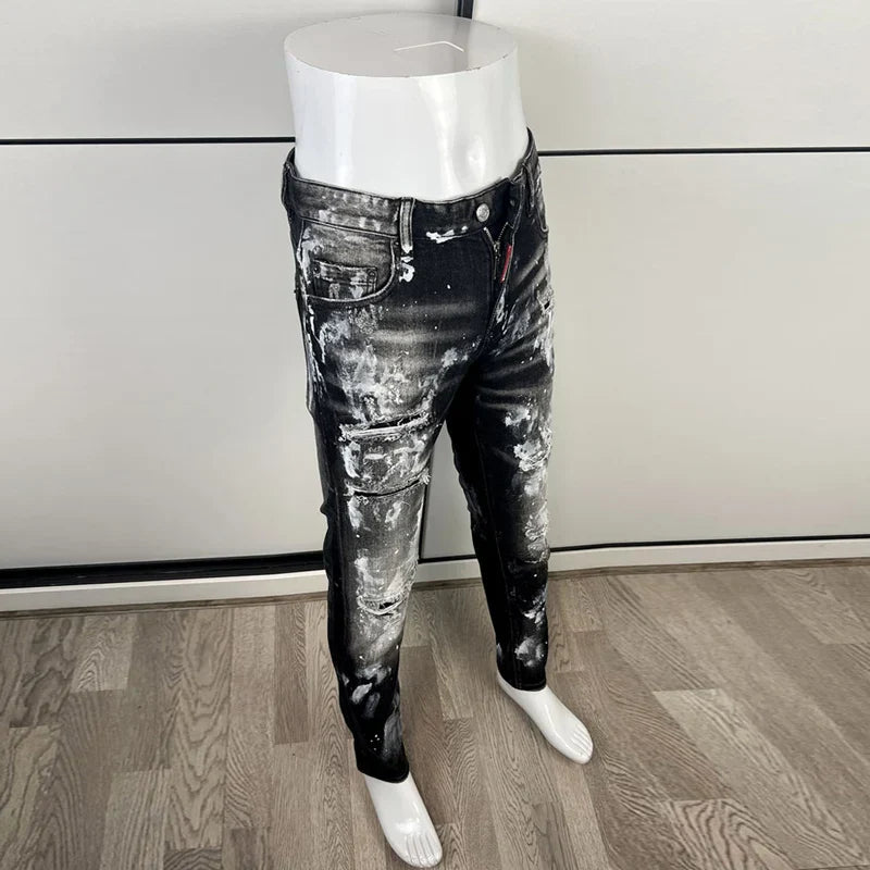 High Street Fashion Men Jeans Retro Black Gray Elastic Slim Fit Ripped Jeans Men Painted Designer Hip Hop Brand Pants Hombre
