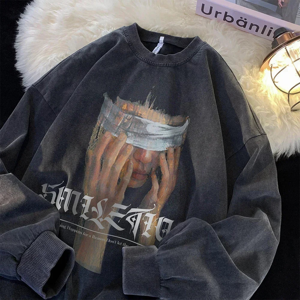 Men's Washed Black Sweatshirt Blindfold Portrait Print Long