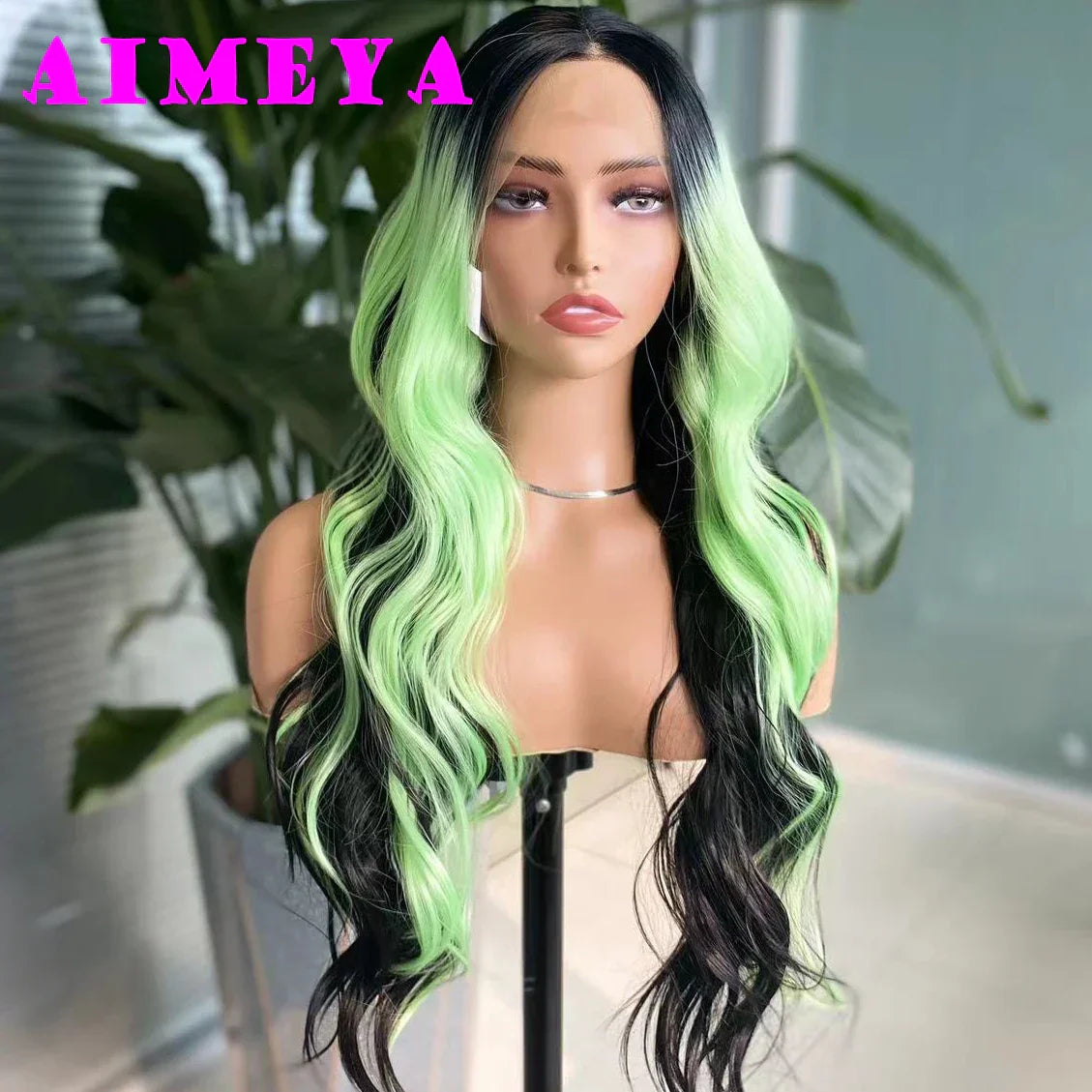 AIMEYA Ombre Green Synthetic Lace Front Wig for