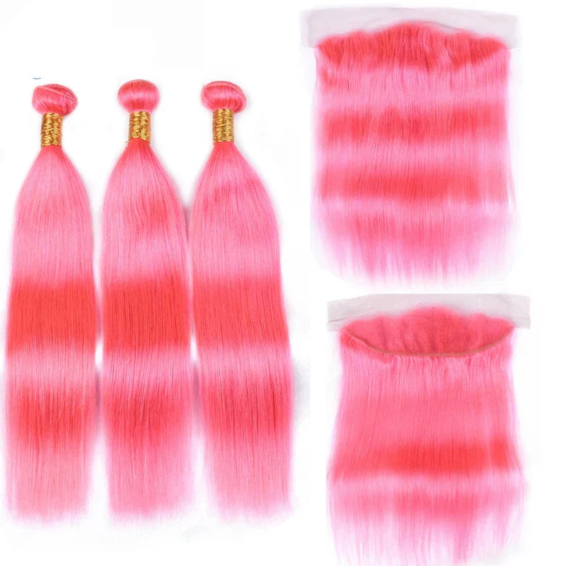 Elfriede #Pink Straight Colored Hair Bundles with Frontal