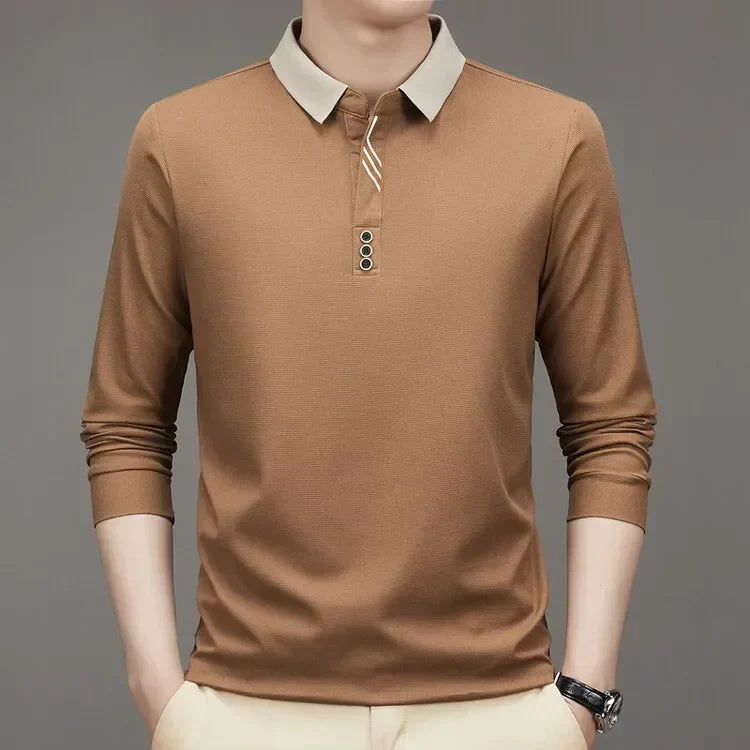 Men's Long Sleeve Turn-down Collar Waffle T-shirt Business