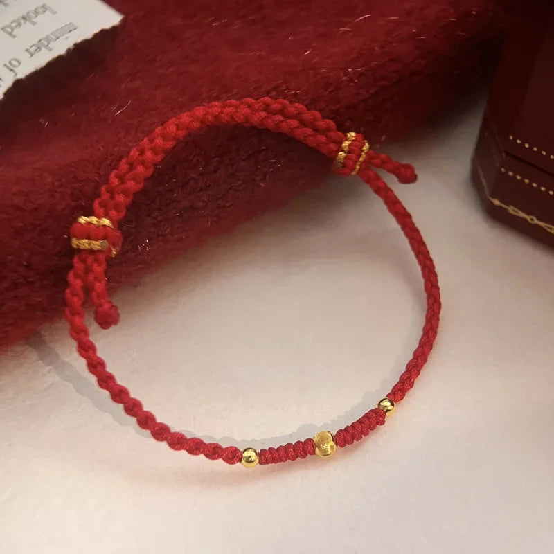 Small Gold Color Titanium Beads Red Thread Woven
