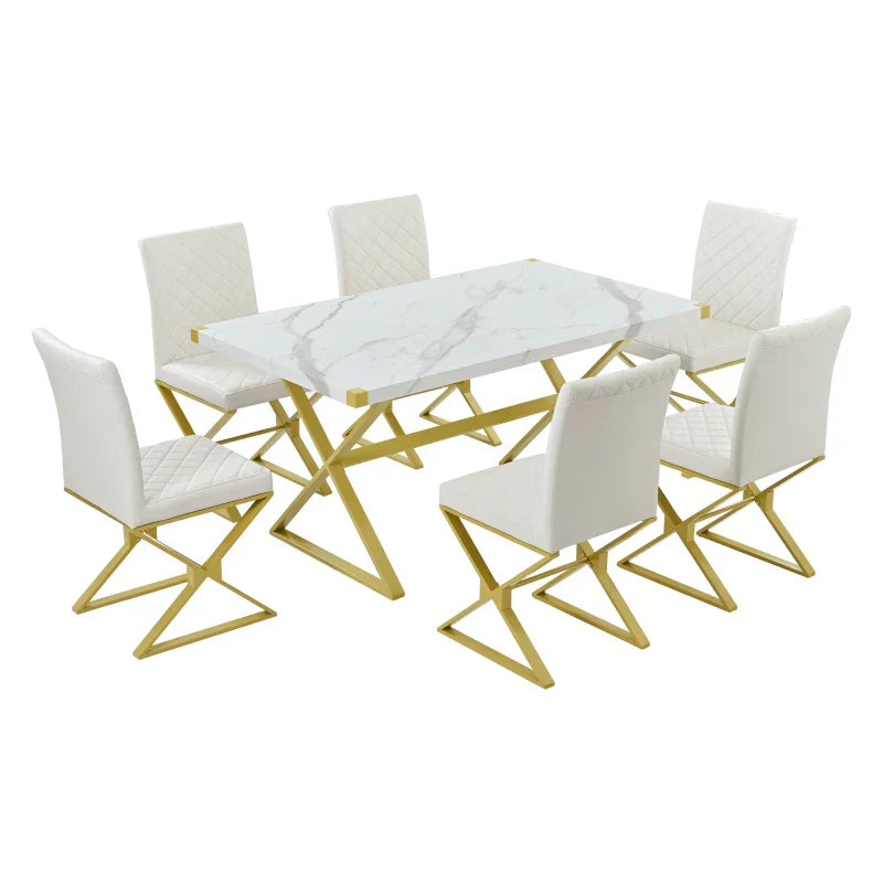White 7-Piece Modern Dining Table Set, Rectangular Marble