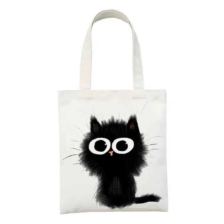 Women Canvas Bag Funny Black Cat Print Female Reuseable Shopping Totebags Girls Students School Bookbags