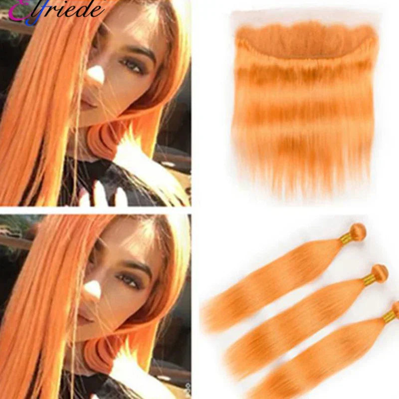 Elfriede #Orange Straight Colored Hair Bundles with Frontal