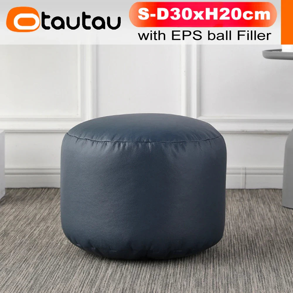 OTAUTAU Small Round Faux Leather Ottoman Stool Beanbag