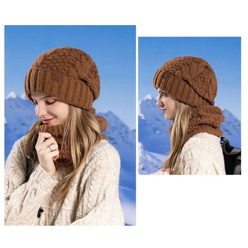 Women Fashion Winter Knitted Hat Scarf Set Fleece