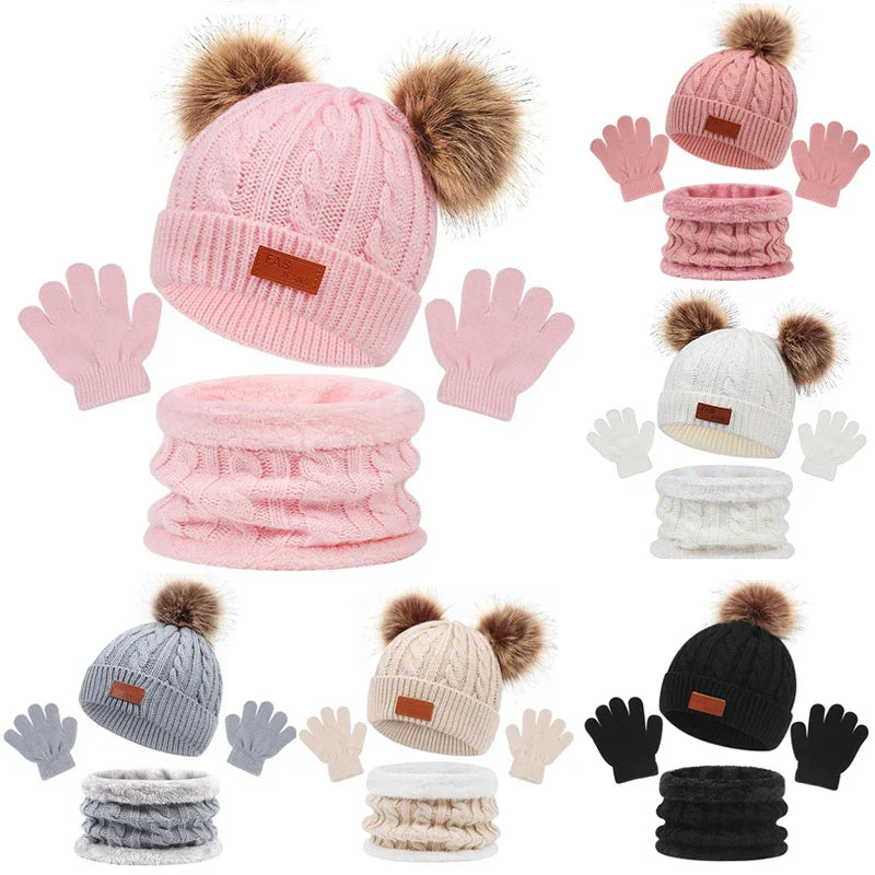 Baby Winter Hat Scarf Gloves Set Knitted Fur