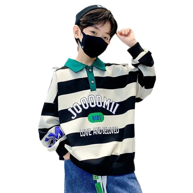 Spring Autumn Boys Cotton Contrast Striped Alphabet Turtleneck