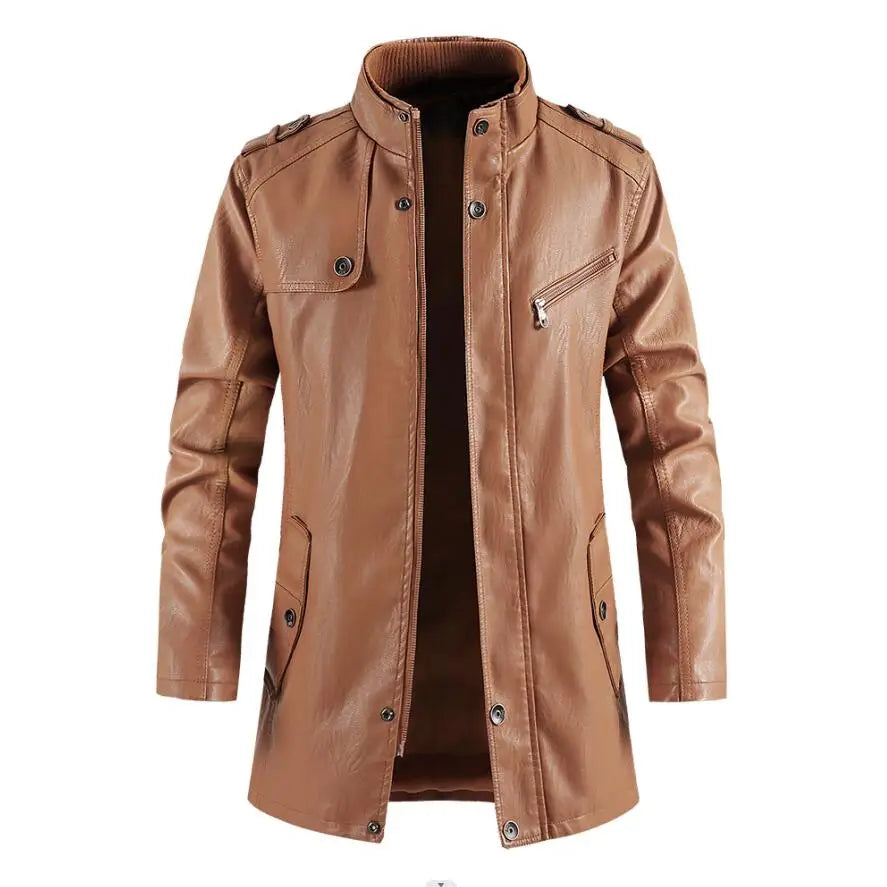 Winter Men's Thick Fleece Leather Jacket Coat Long
