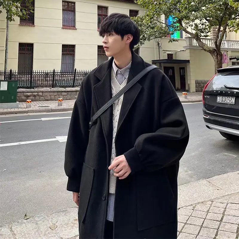 Winter trendy brand single-breasted mid-length woolen coat for