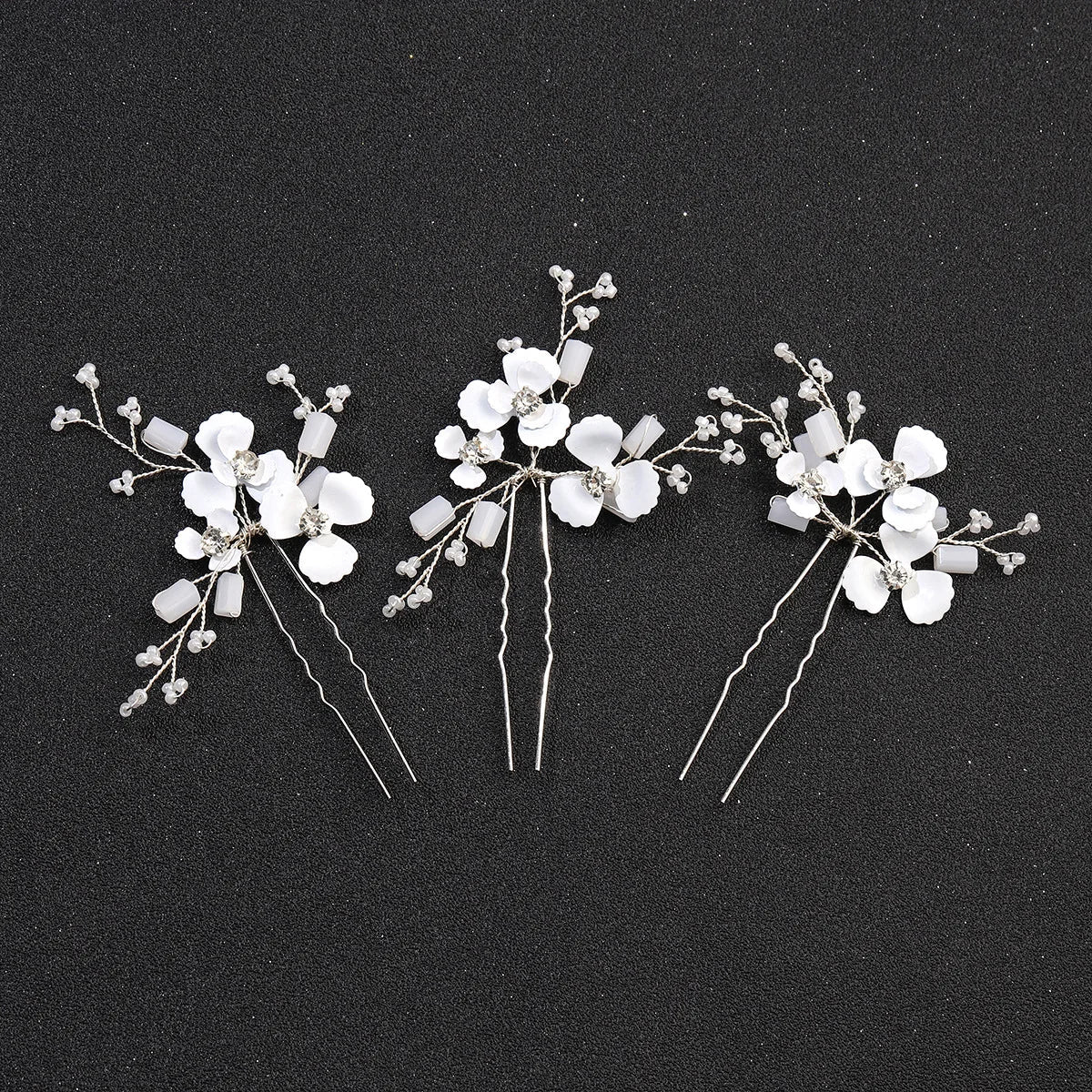 3pcs White Flower U Shaped Hairpin Pearl Elegant