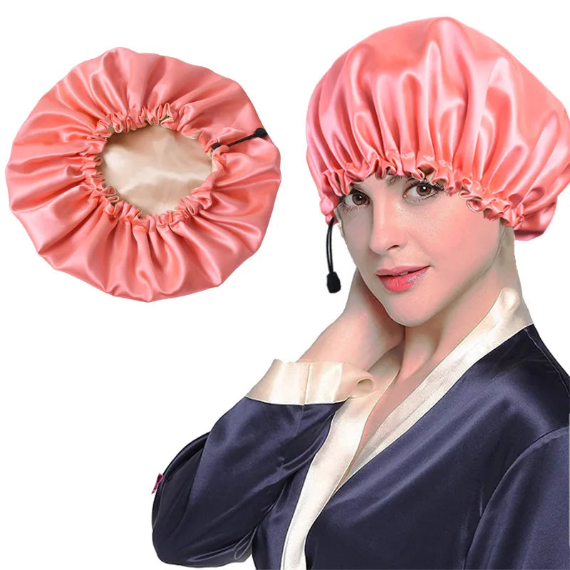 Ladies Satin Nightcap Solid Color Simple Drawstring Adjustable