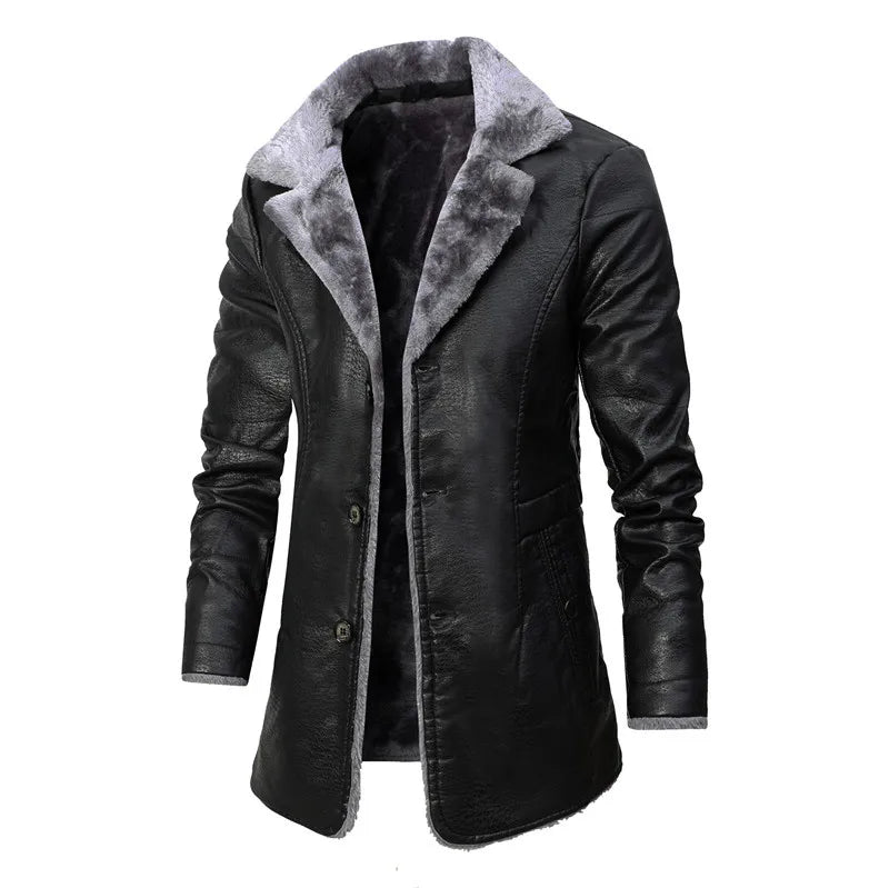 Men Winter Long Thick Fleece PU Leather Jacket