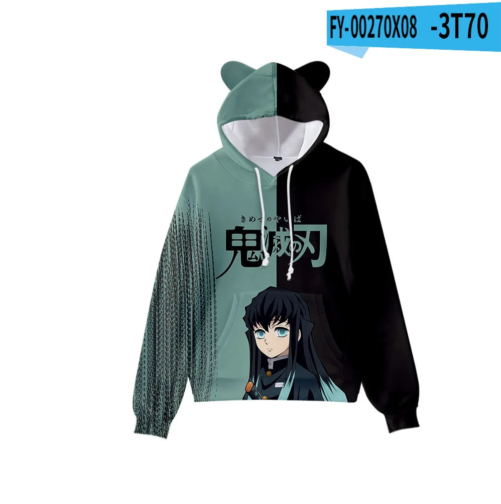 Anime Demon Slayer Hoodies Women Cat Ears Cartoon
