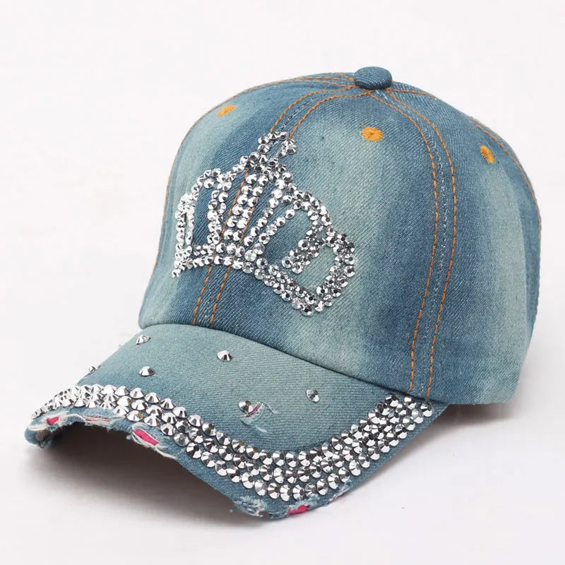 Women Bling Tiara Distressed Denim Baseball Cap Rhinestones
