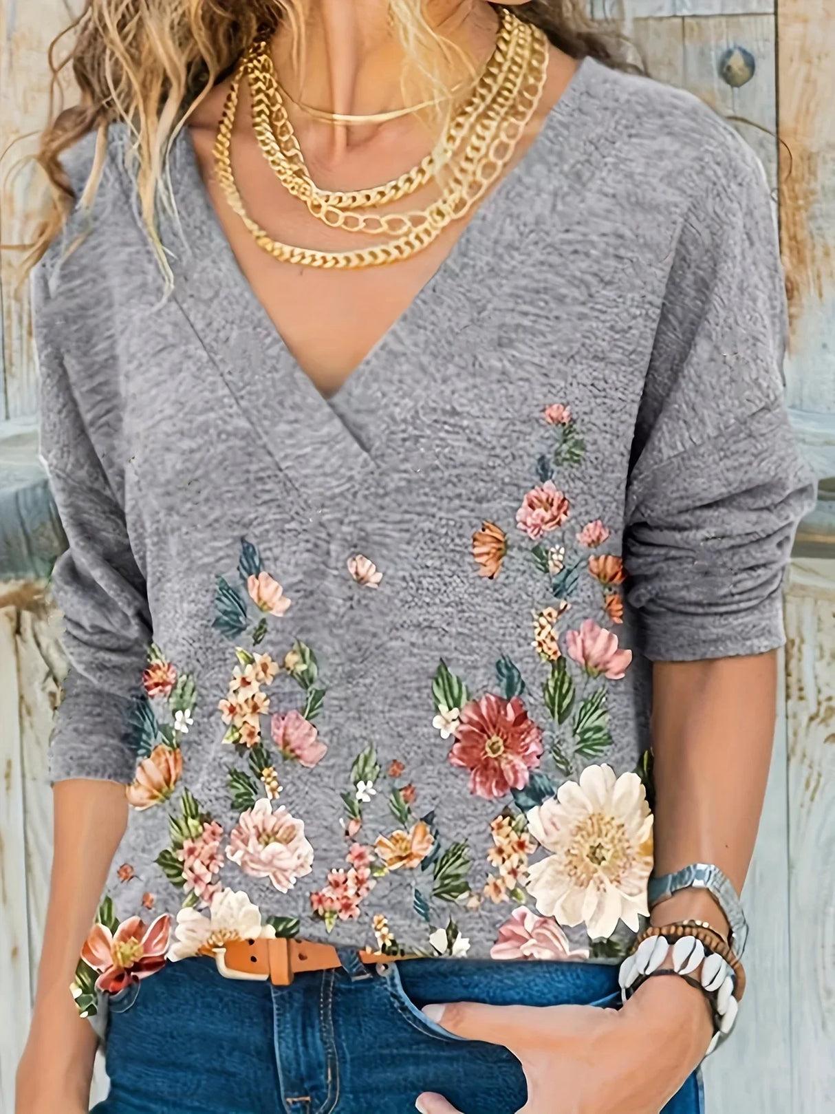 Plus Size Women Long Sleeve VNeck Flower Print