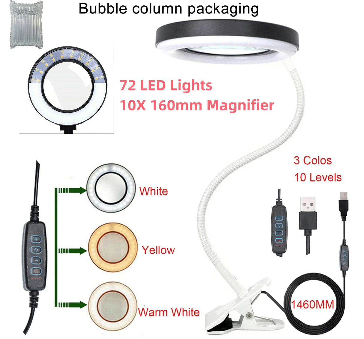 72LED 10X NEW Illuminated Magnifier USB 3 Colors
