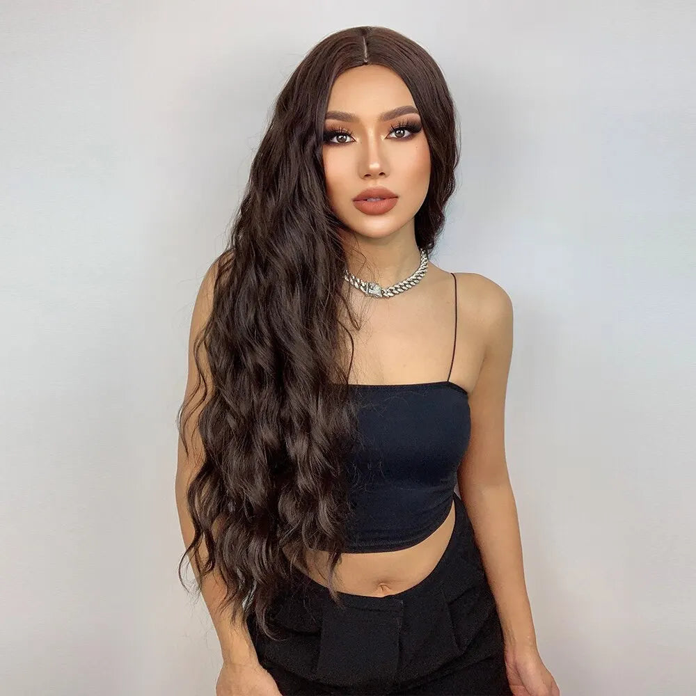 HAIRCUBE Long Brown Curly Wavy Wig for Women