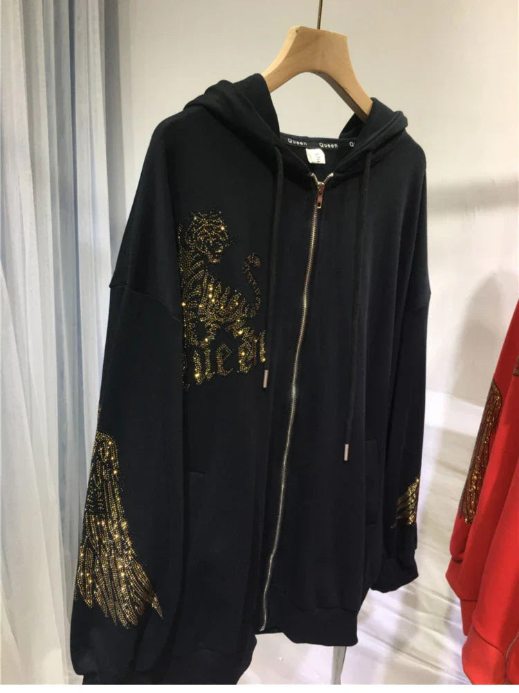 Plus Size Women Clothing Rhinestones Zip Up Hoodies